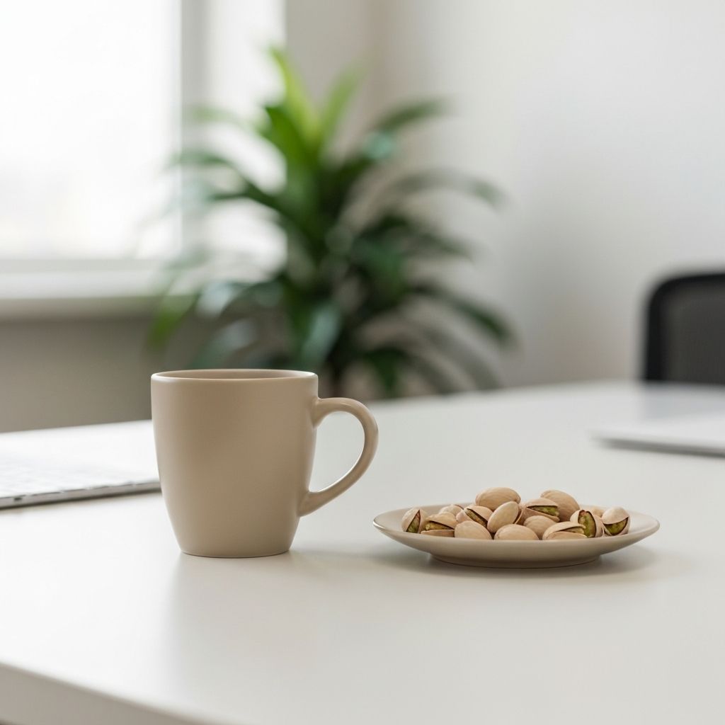 Coffee cup and small snack on office desk
