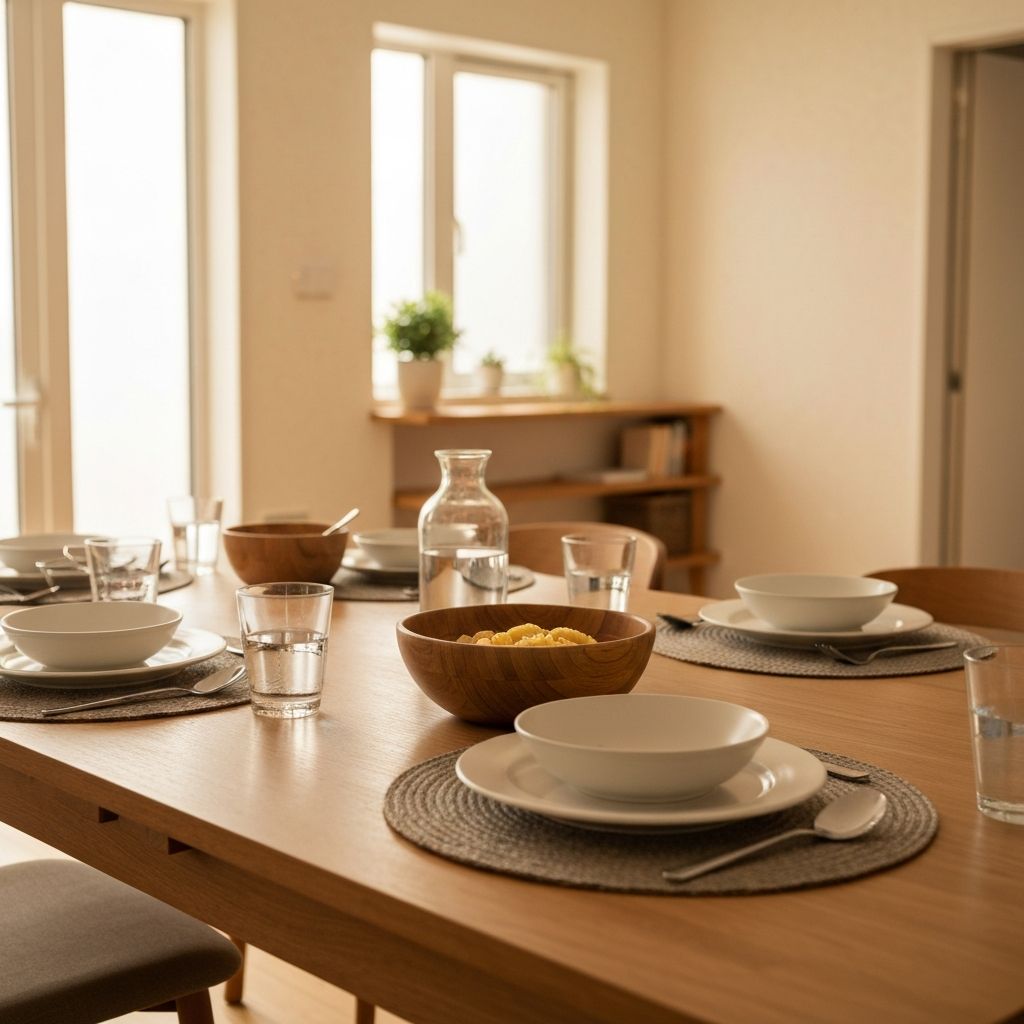 Dining table set for shared meal at home